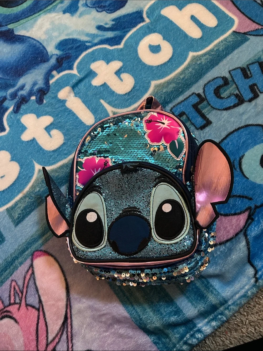 Disney Blue Sequin Stitch Kids Backpack with Pink Accents